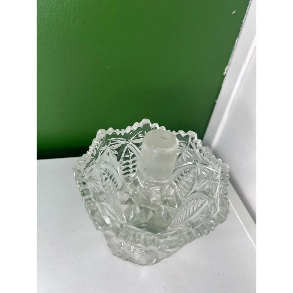 Vintage EAPG Pressed Glass Inkwell with Faceted Stopper Clear Leaf Starburst